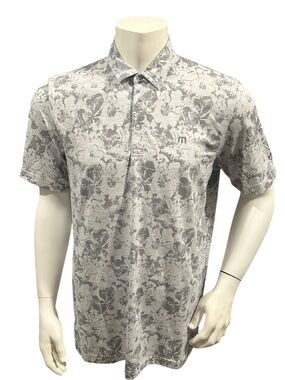 Travis Mathew Men’s Golf Polo Shirt Gray Floral Logo Short Sleeve Pockets L